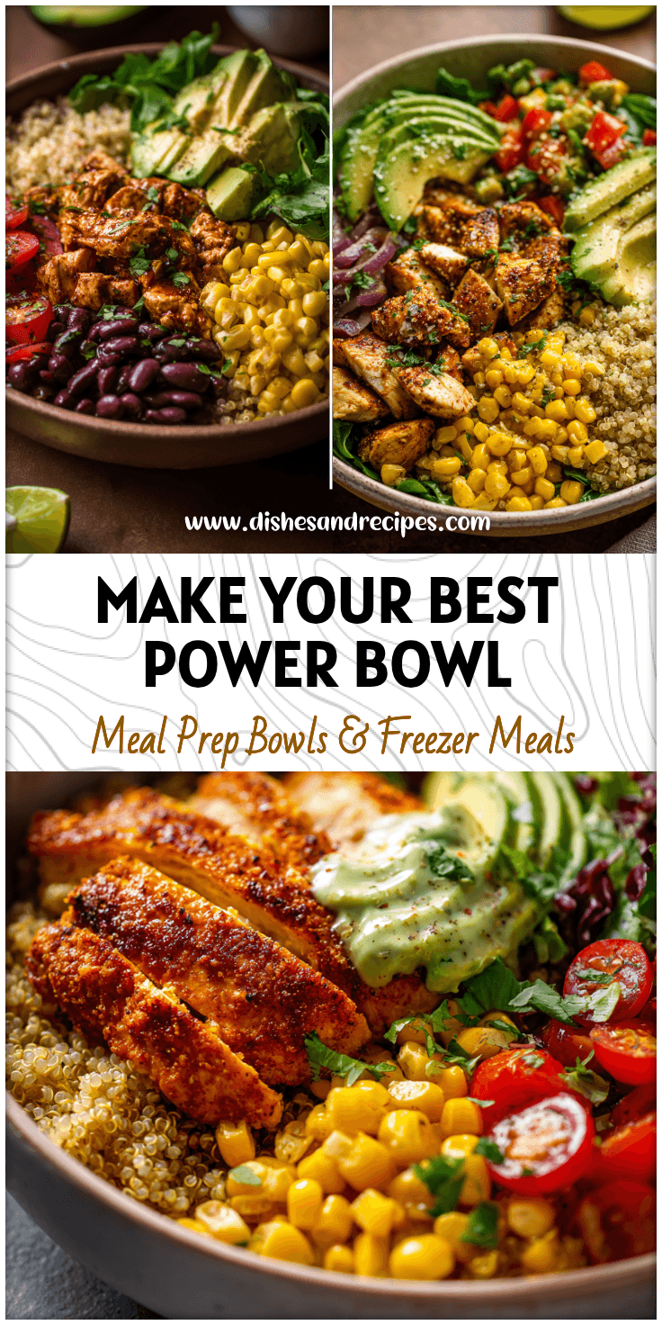 Colorful Chicken & Quinoa Power Bowl with avocado, corn, and lime featuring Healthy Bowls style plating.
